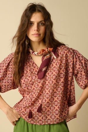 blouse met print - donkerrood