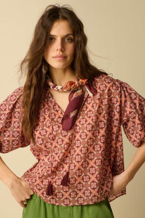 blouse met print - donkerrood