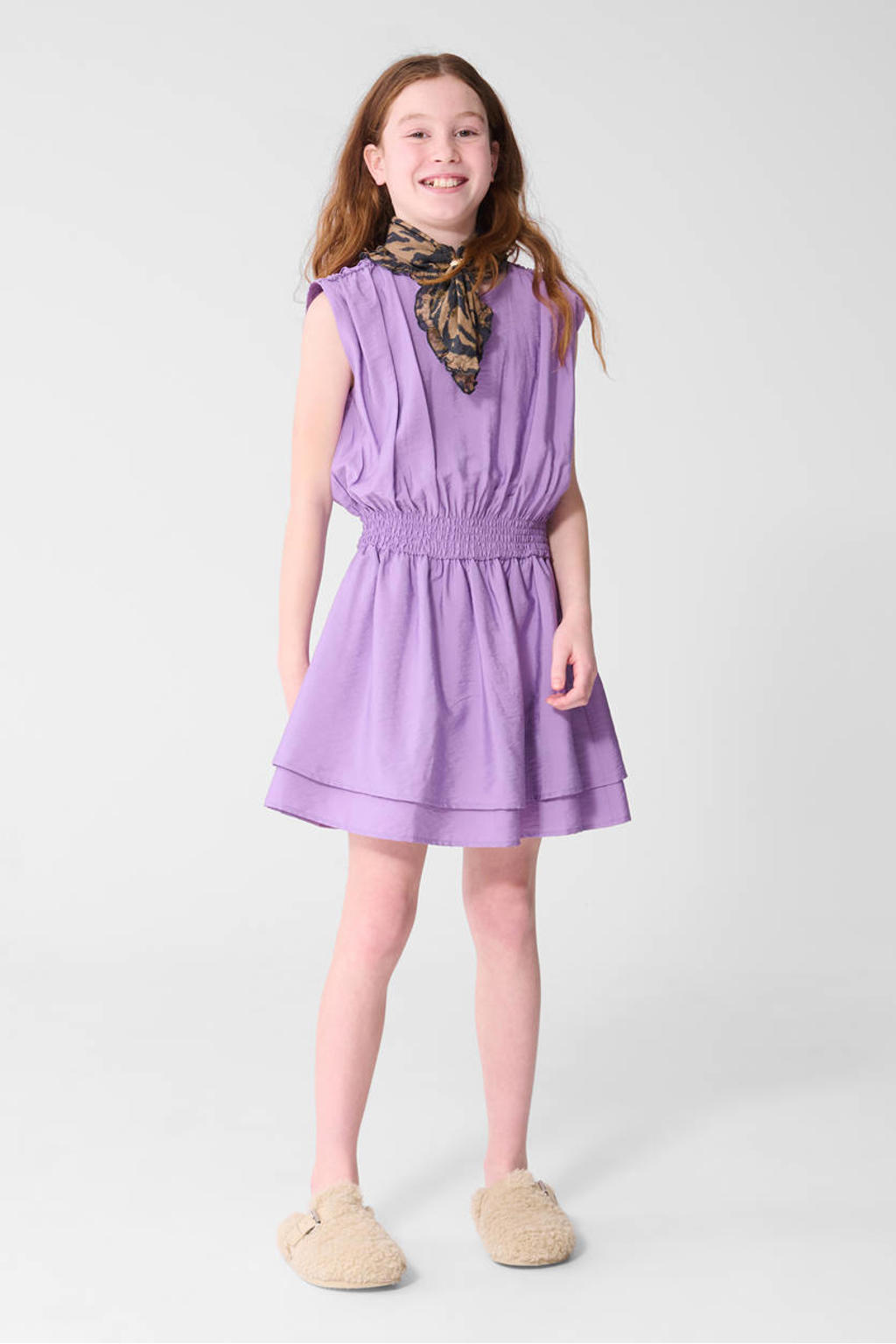 Paarse meisjes Shoeby A-lijn jurk van viscose met effen, ronde hals en knoopsluiting