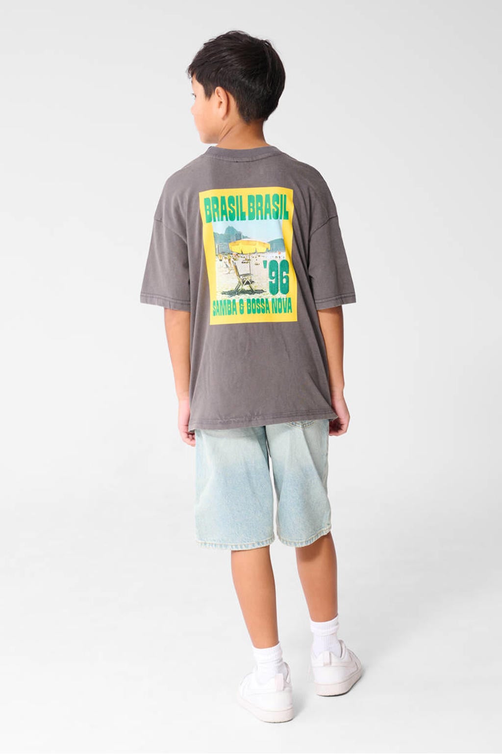 Grijze jongens Shoeby T-shirt van katoen met backprint, korte mouwen en ronde hals