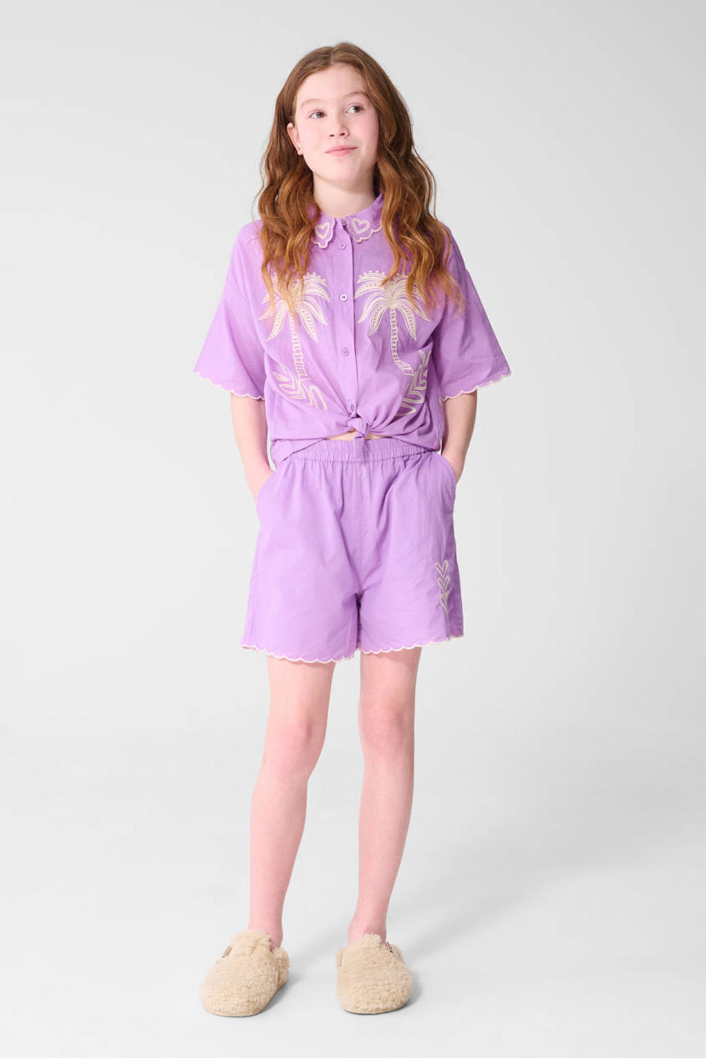 Paarse meisjes Shoeby blouse van katoen met effen, korte mouwen, klassieke kraag, knoopsluiting en borduursels