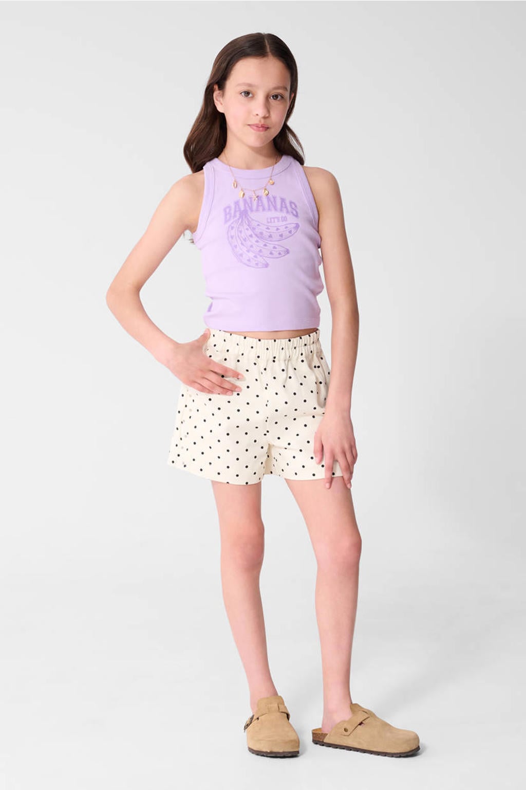 Lilakleurige meisjes Shoeby tanktop van stretchkatoen met printopdruk en ronde hals