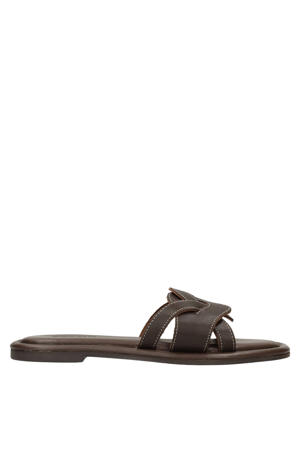 leren slippers met contrast stiksels bruin