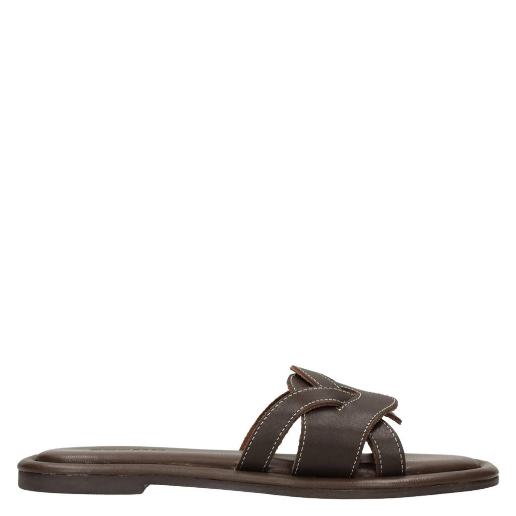 Bruine dames Sacha leren slippers met contrast stiksels