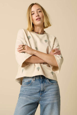 katoenen broderie trui - beige