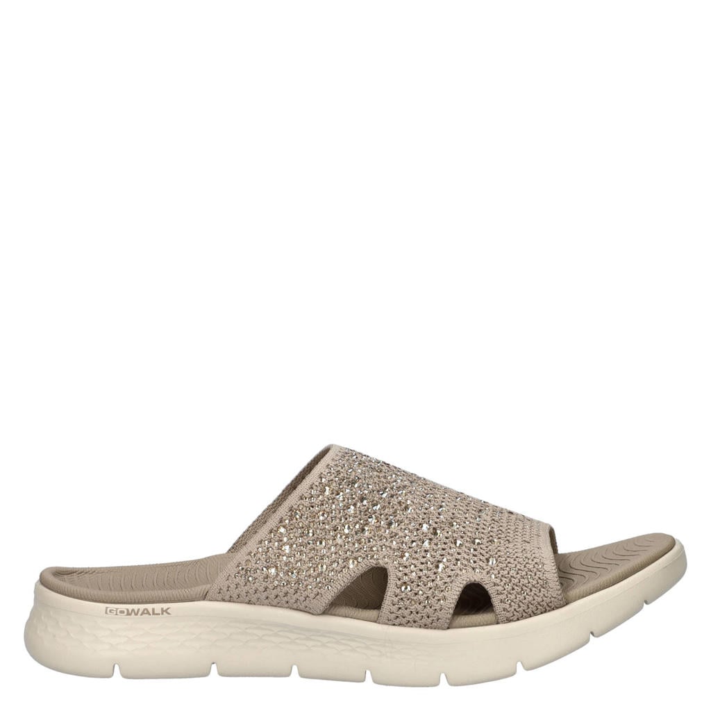 Taupe dames Skechers Go Walk Flex slippers met strass steentjes