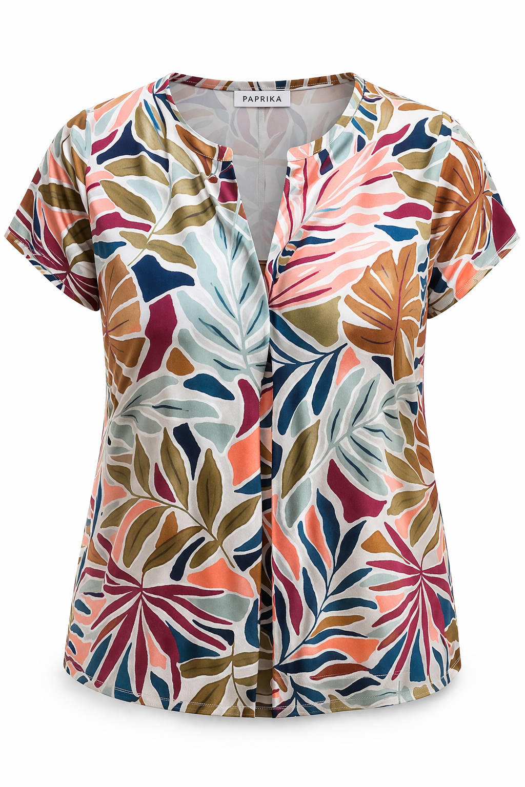 Multikleurige dames Paprika blouse van polyester met korte mouwen, V-hals en knoopsluiting
