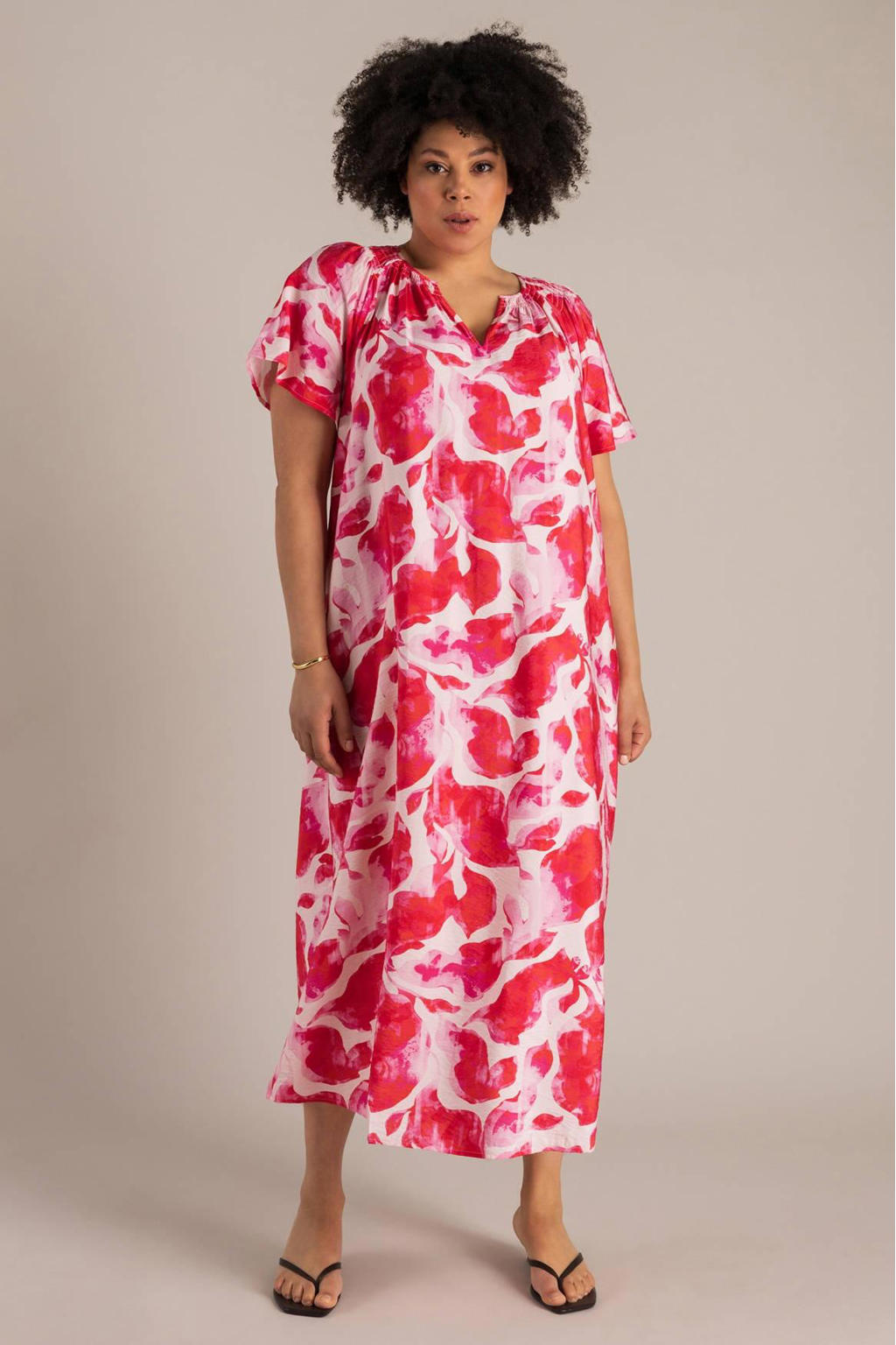 Rood en roze dames Yest Curve gebloemde maxi jurk van viscose met korte mouwen en V-hals