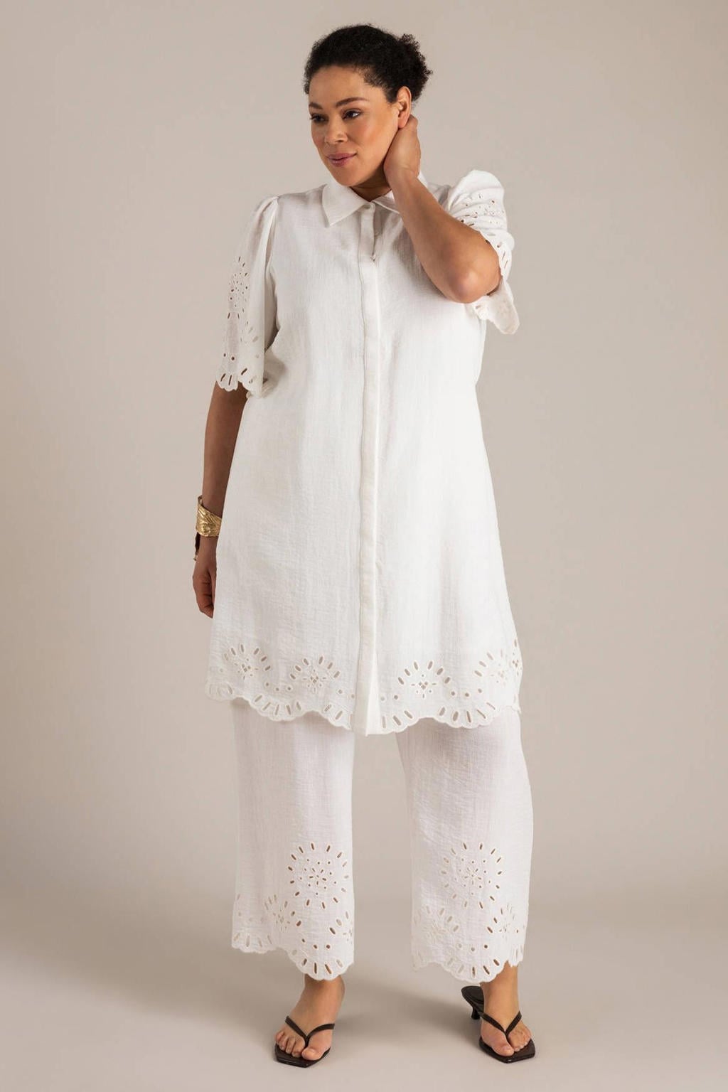 Witte dames Yest Curve straight high waist broek broderie van viscose met elastische tailleband en effen