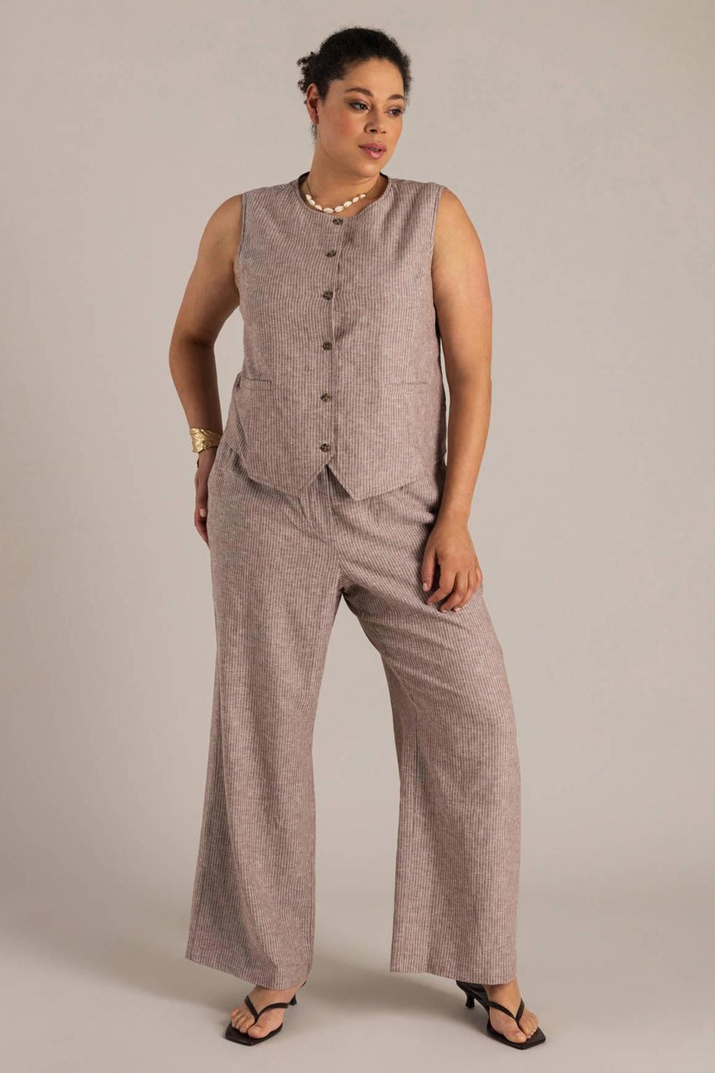 Bruin en ecru dames Yest Curve straight high waist gestreepte broek van linnen met elastische tailleband