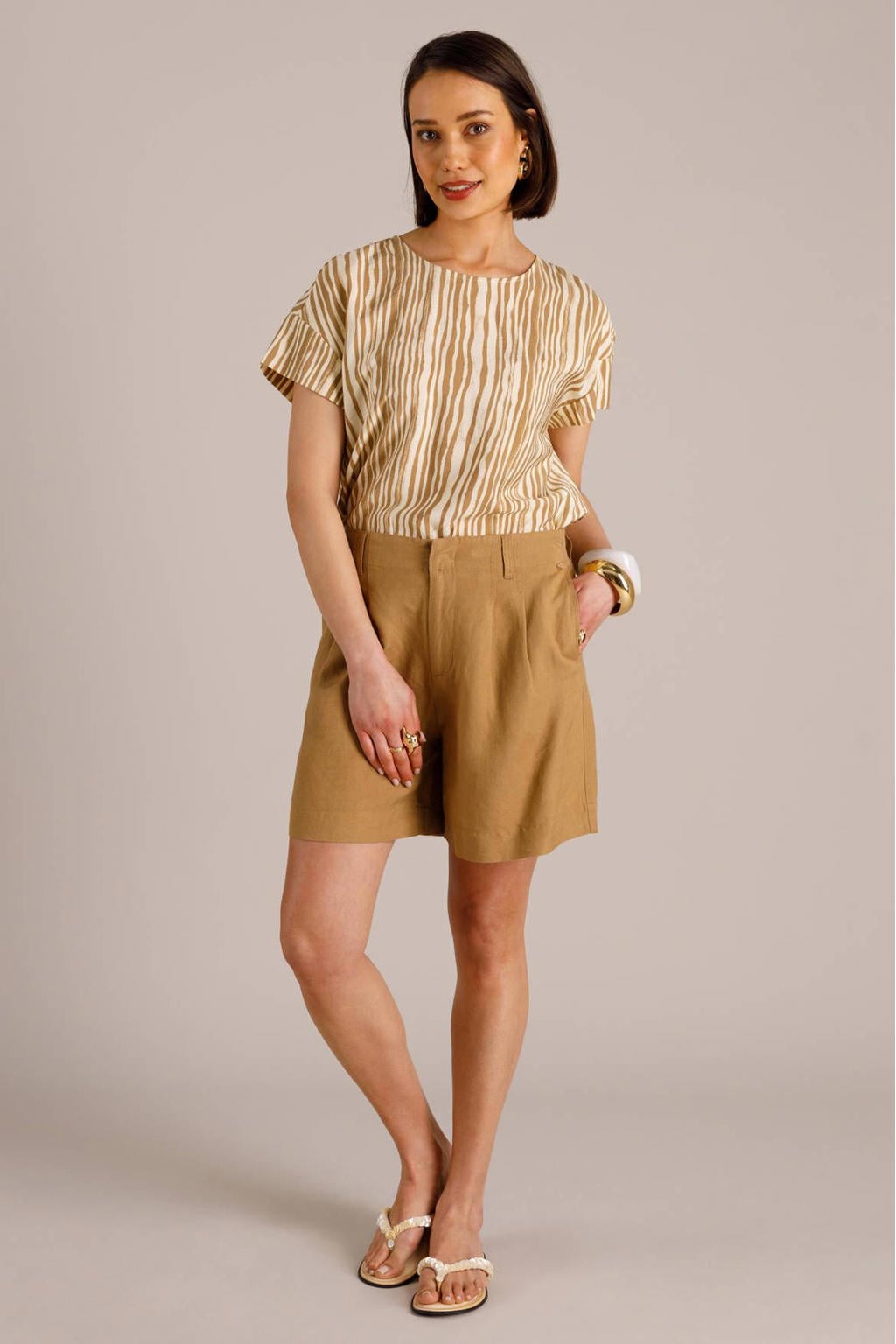 Gele dames Yest regular waist casual short van linnen met rits- en knoopsluiting en effen