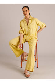 thumbnail: Gele dames Yest wide leg regular waist broek van linnen met elastische tailleband met koord en effen