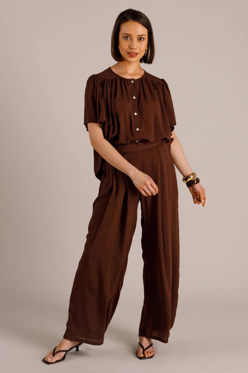 Bruine dames Yest wide leg regular waist broek van viscose met effen