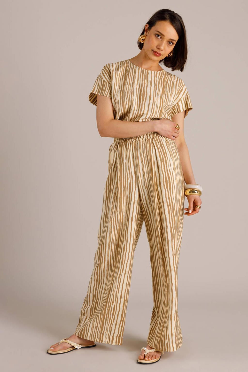 Taupe en ecru dames Yest high waist gestreepte broek van viscose met loose fit en elastische tailleband