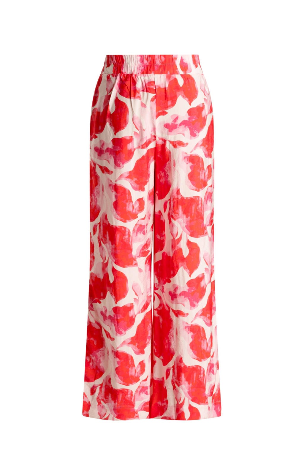 Rood en lichtroze dames Yest high waist broek van viscose met loose fit en elastische tailleband