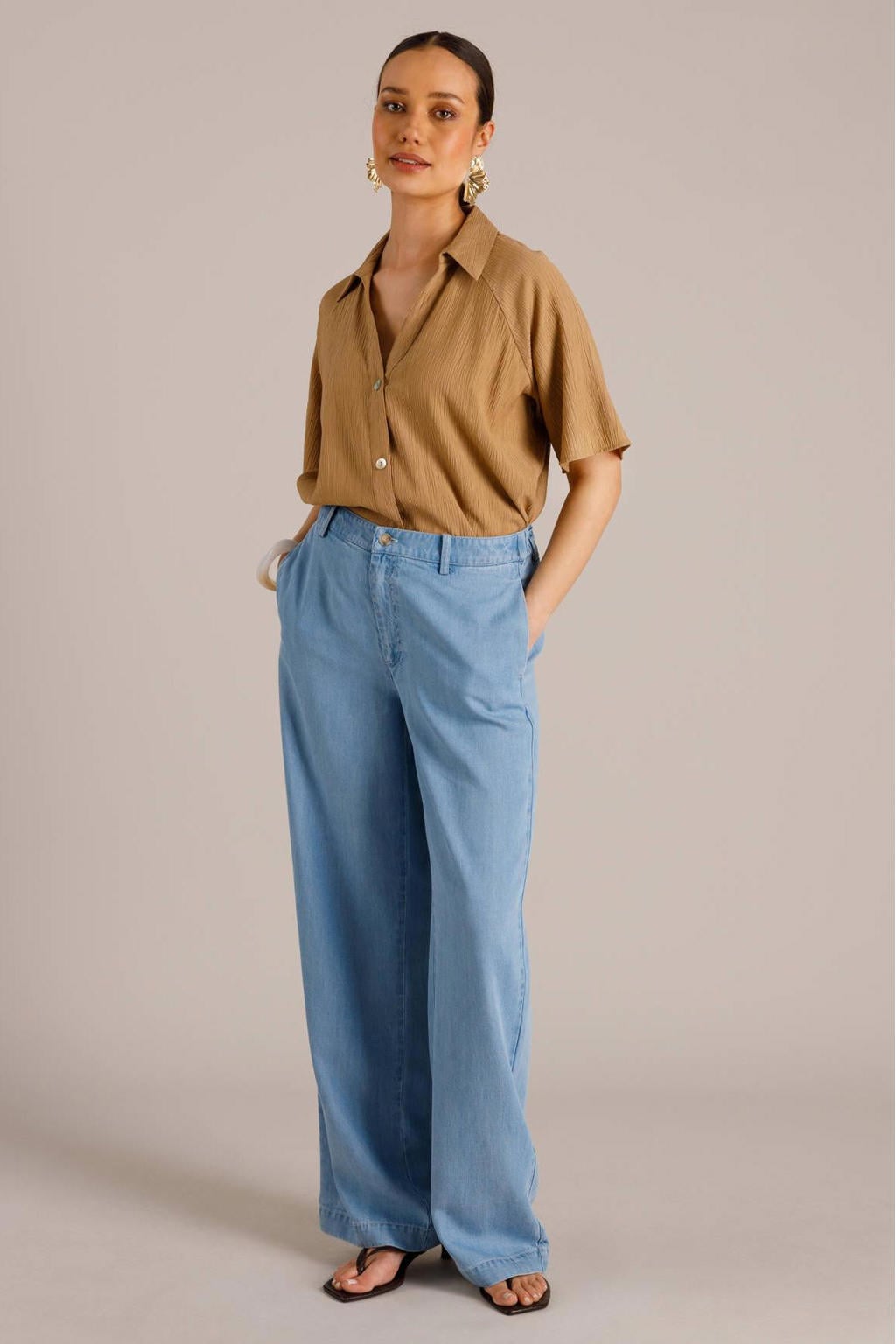 Light blue denim dames Yest wide leg jeans van denim met rits- en knoopsluiting en effen