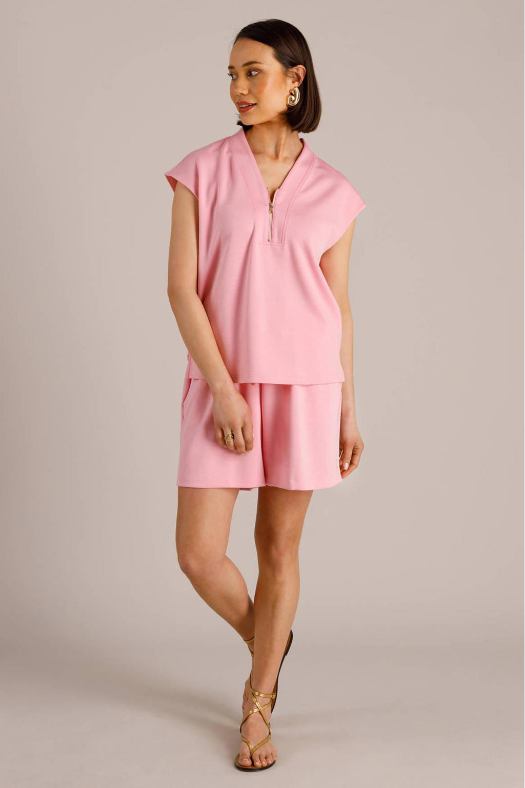 Roze dames Yest top van nylon met effen, korte mouwen, V-hals en ritssluiting