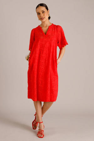 gebloemde midi jurk broderie rood