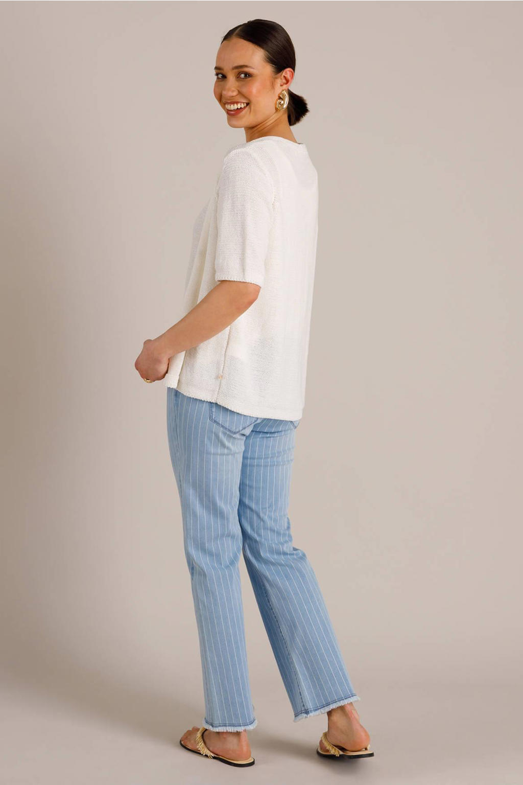 Ecru dames Yest gebreid vest met effen, korte mouwen, V-hals en knoopsluiting