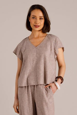 gestreepte top met linnen beige