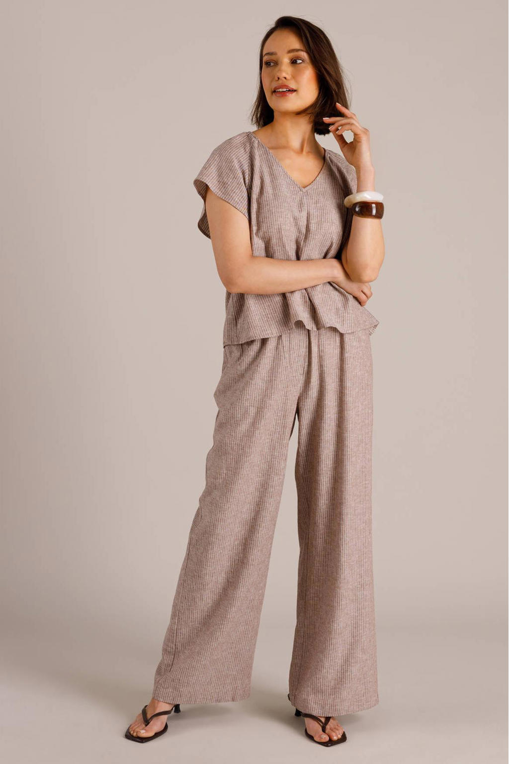 Yest wide leg high waist gestreepte broek met linnen beige