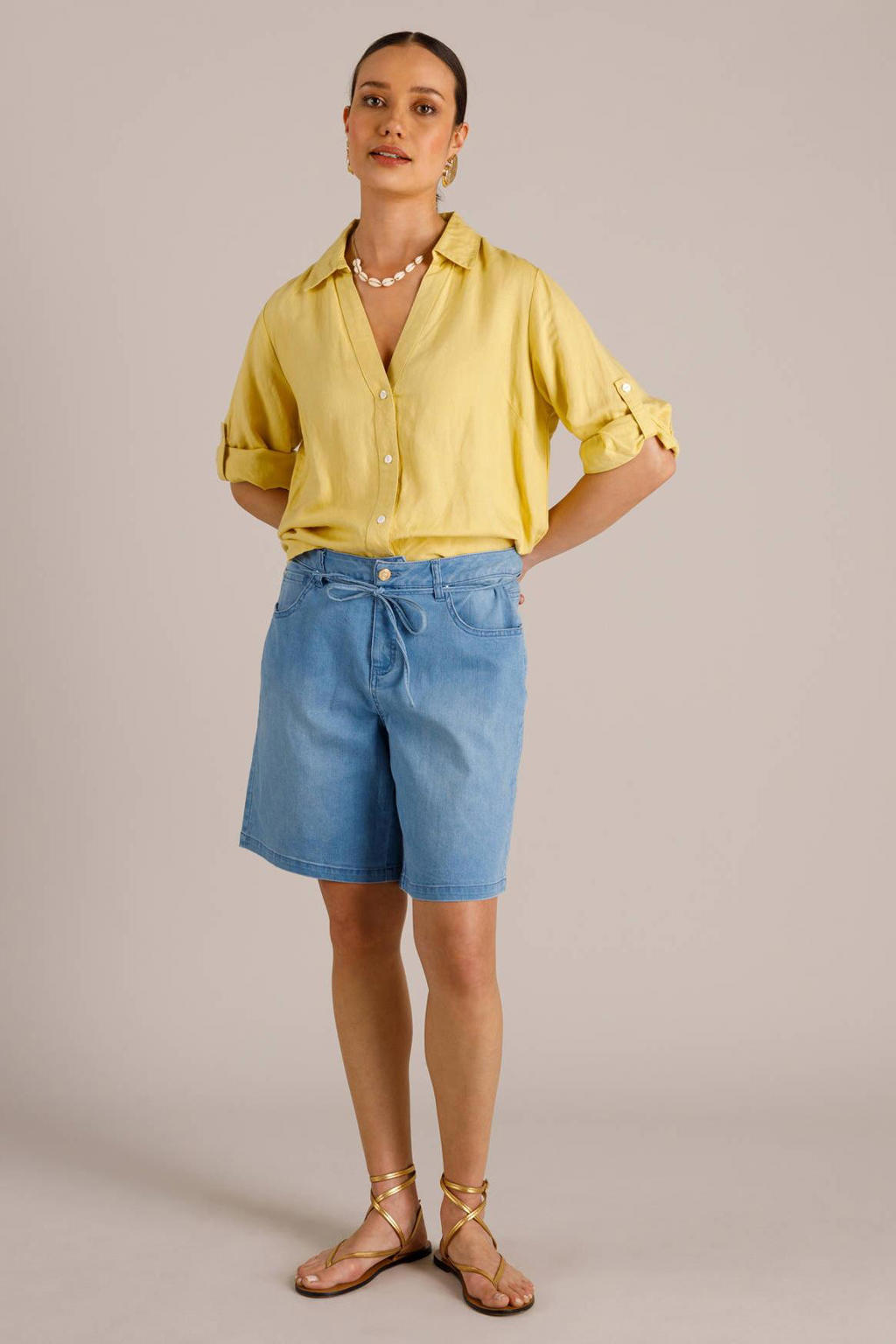 Light blue denim dames Yest regular waist short van denim met rits- en knoopsluiting en effen