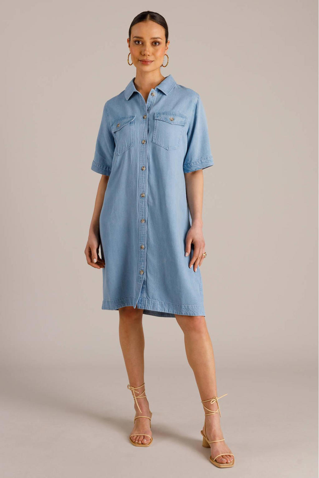 Light blue denim dames Yest blousejurk van lyocell met effen, korte mouwen, klassieke kraag en knoopsluiting