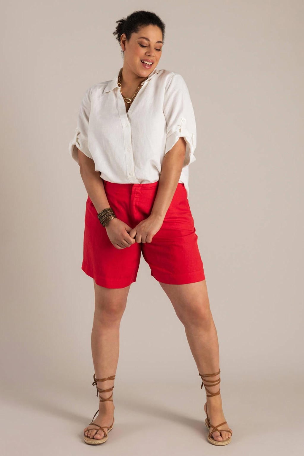Rode dames Yest Curve regular high waist casual short van linnen met rits- en haaksluiting en effen