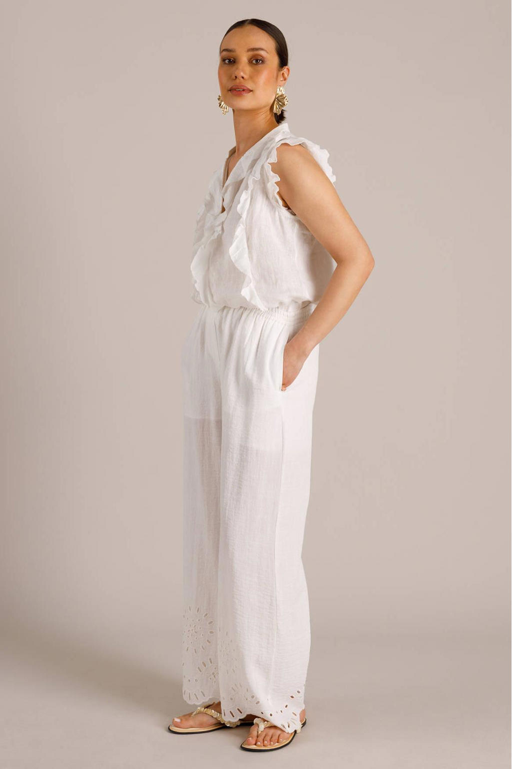 Ecru dames Yest wide leg regular waist broek broderie van viscose met effen