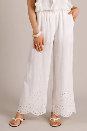 wide leg regular waist broek broderie ecru