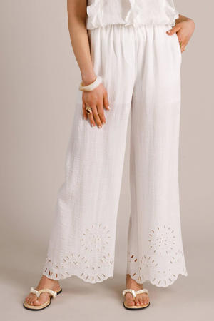 wide leg regular waist broek broderie ecru