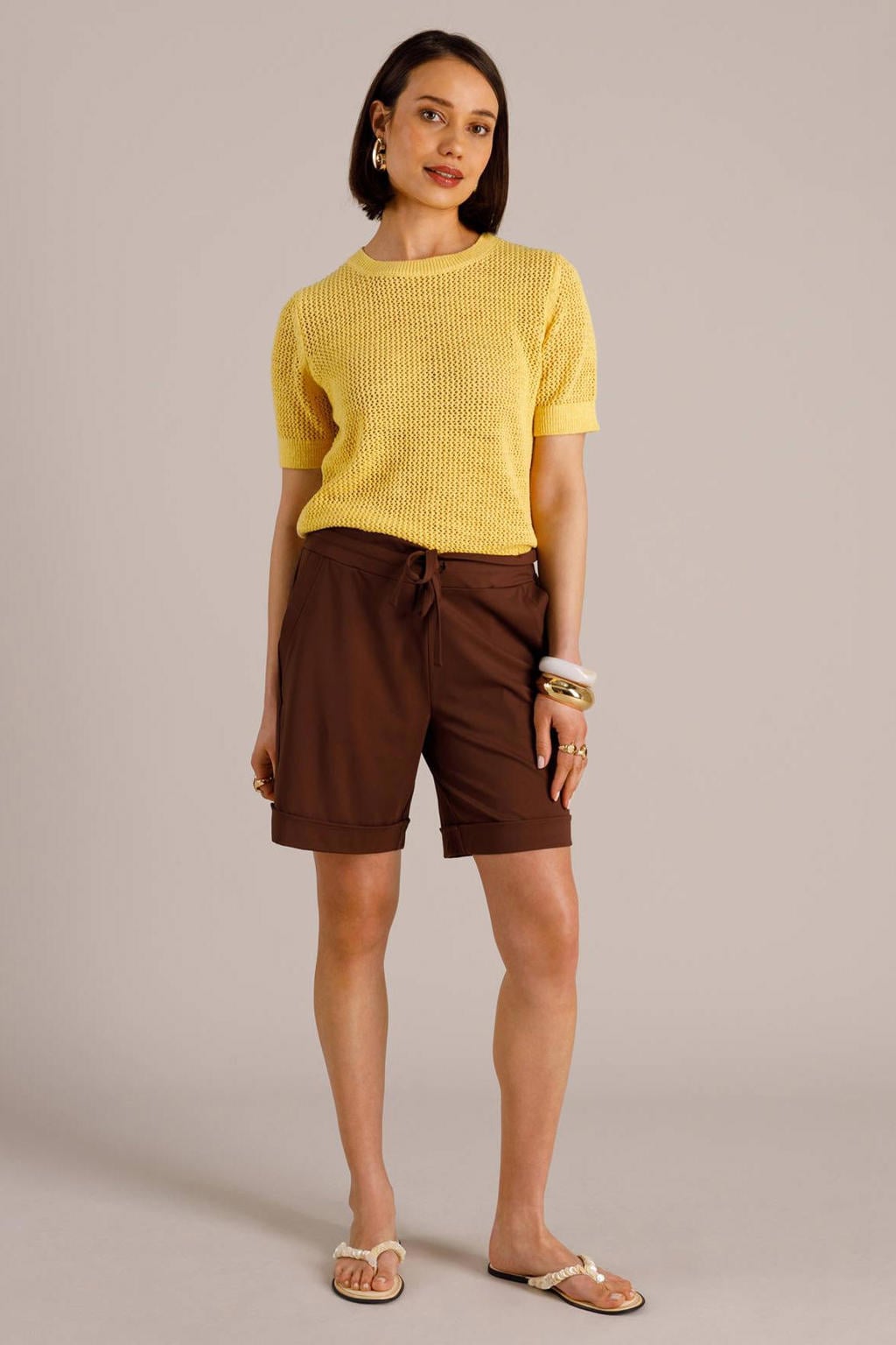 Bruine dames Yest straight regular waist casual short van polyamide met elastische veter en effen