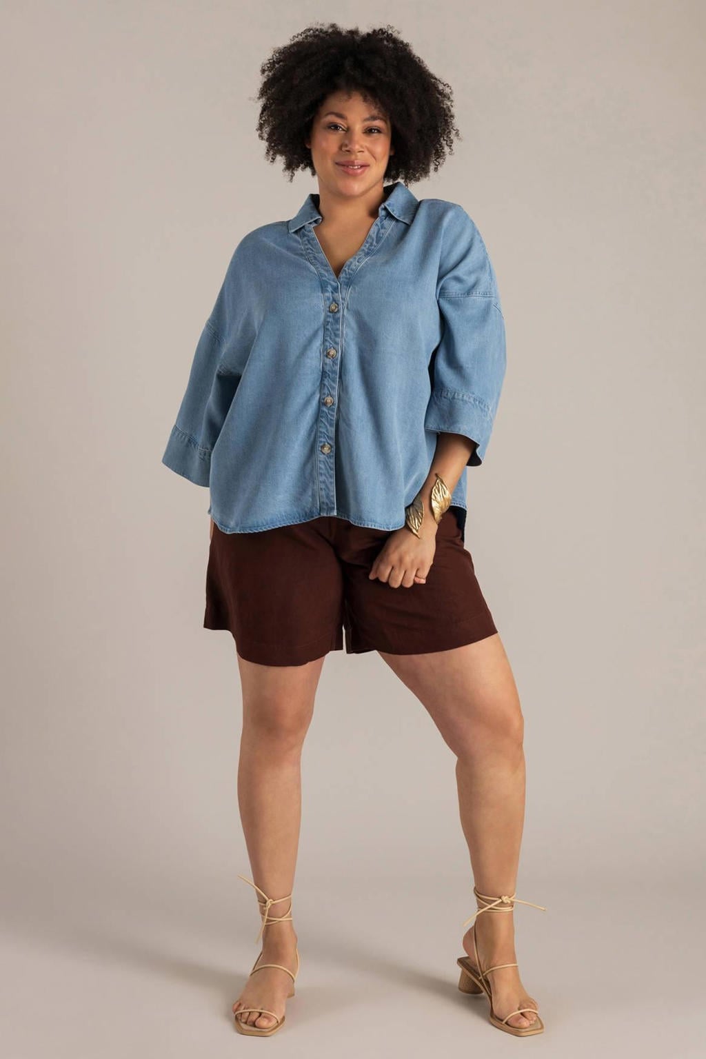 Donkerblauwe dames Yest Curve regular high waist casual short van linnen met rits- en haaksluiting en effen