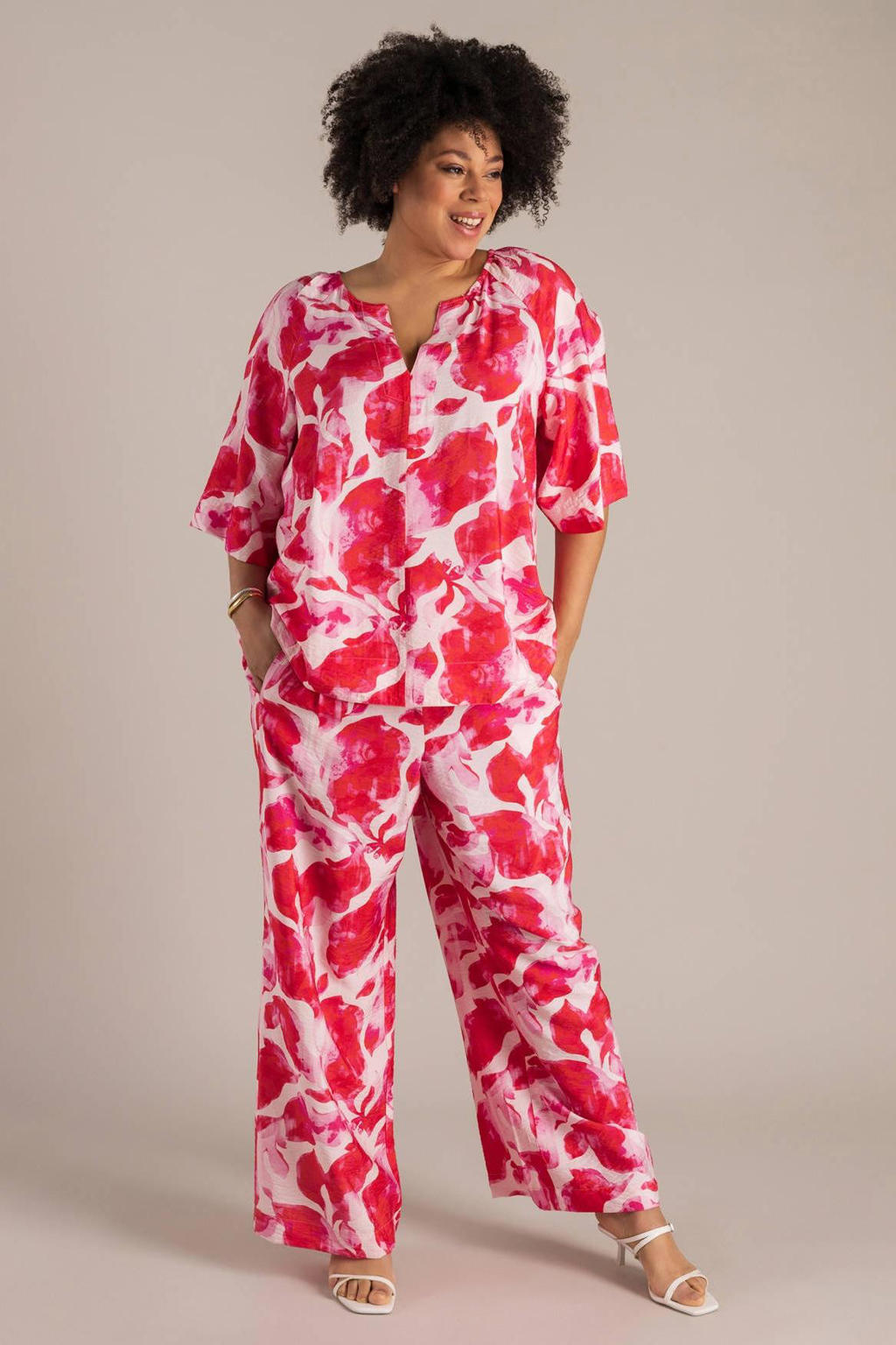 Rood en roze dames Yest Curve regular waist gebloemde casual broek van viscose met loose fit en elastische tailleband