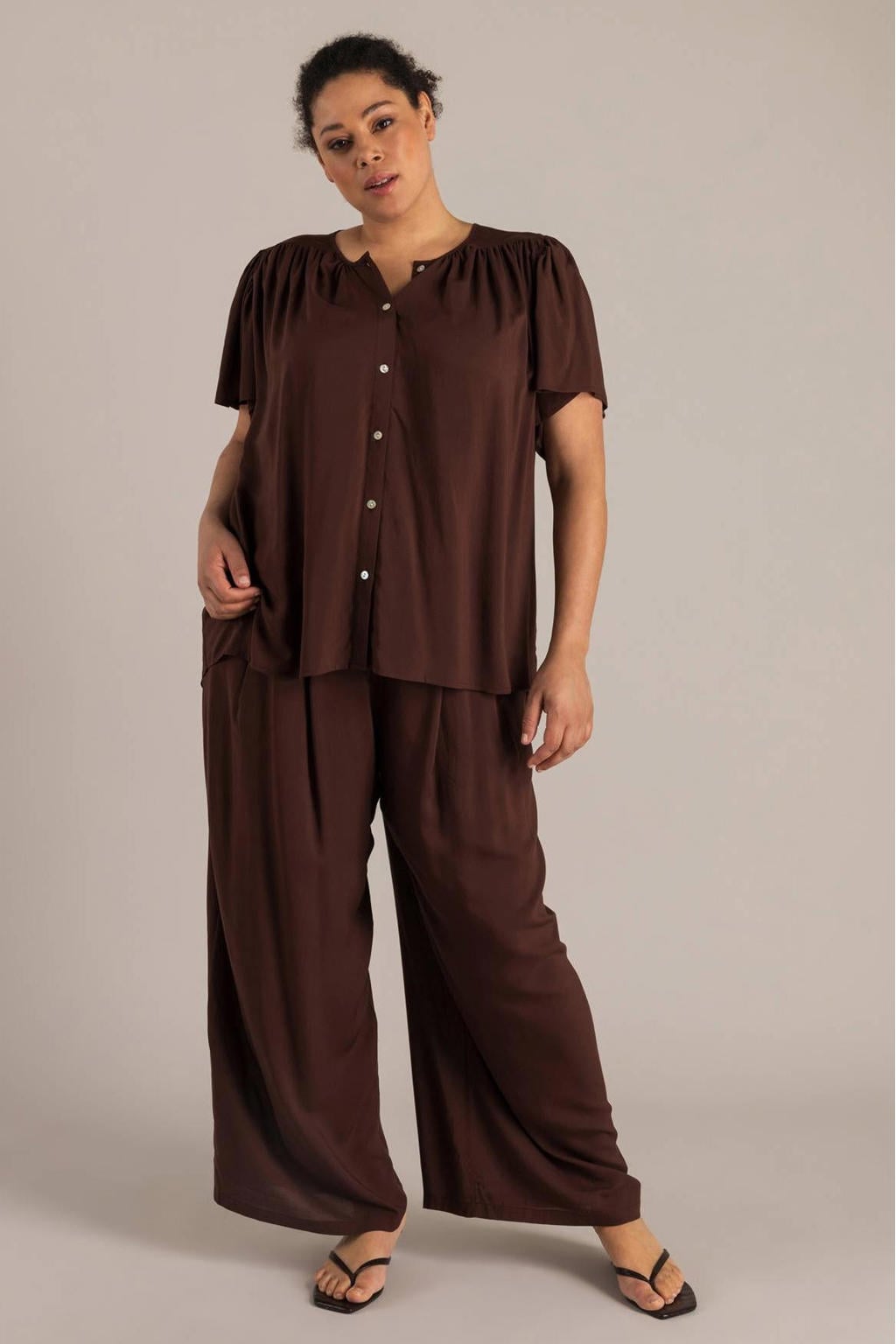 Donkerblauwe dames Yest Curve straight high waist broek van viscose met elastische tailleband en effen