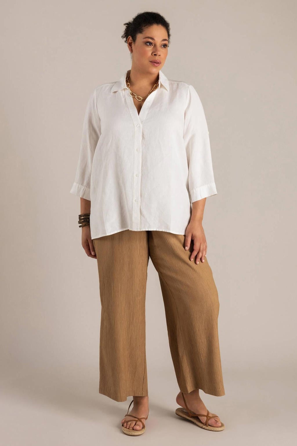 Taupe dames Yest Curve straight high waist broek van viscose met elastische tailleband met koord en effen