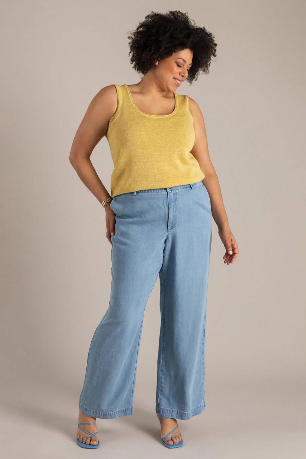 Light blue denim dames Yest Curve wide leg high waist broek van lyocell met rits- en knoopsluiting en effen