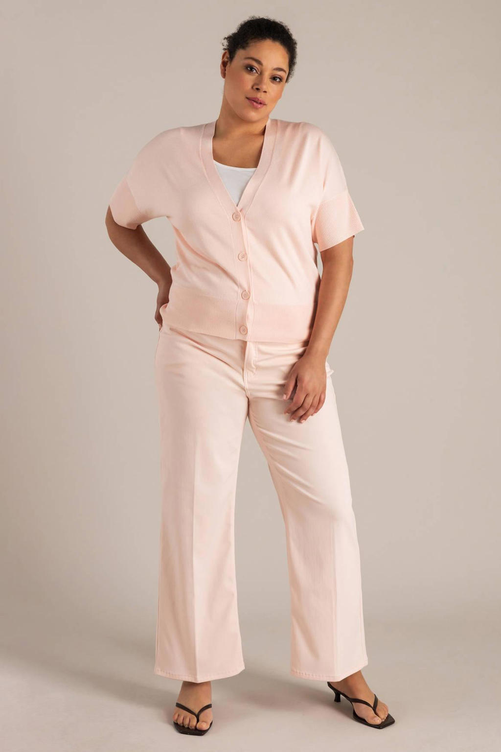 Lichtroze dames Yest Curve sweatvest van viscose met effen, korte mouwen, V-hals en knoopsluiting