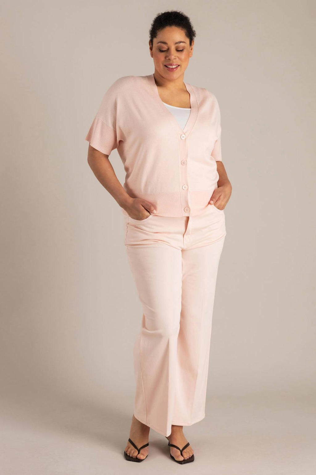 Lichtroze dames Yest Curve bootcut high waist broek van katoen met rits- en knoopsluiting en effen