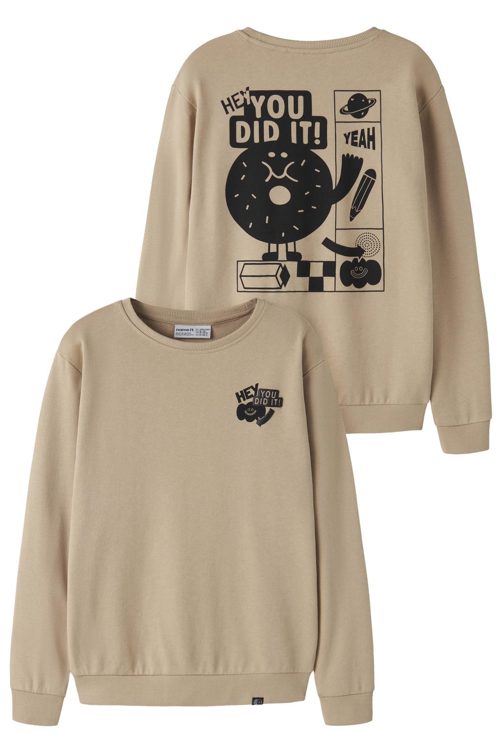 Lichtbruine jongens NAME IT KIDS sweater met backprint, lange mouwen, ronde hals en geribde boorden