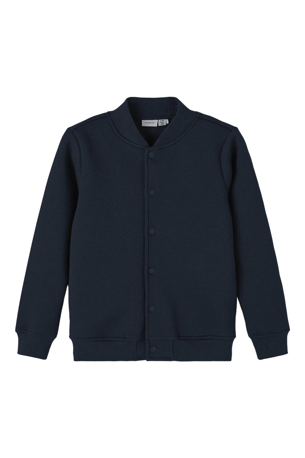 Antraciete jongens NAME IT KIDS sweatvest met printopdruk, lange mouwen, ronde hals en drukknoopsluiting
