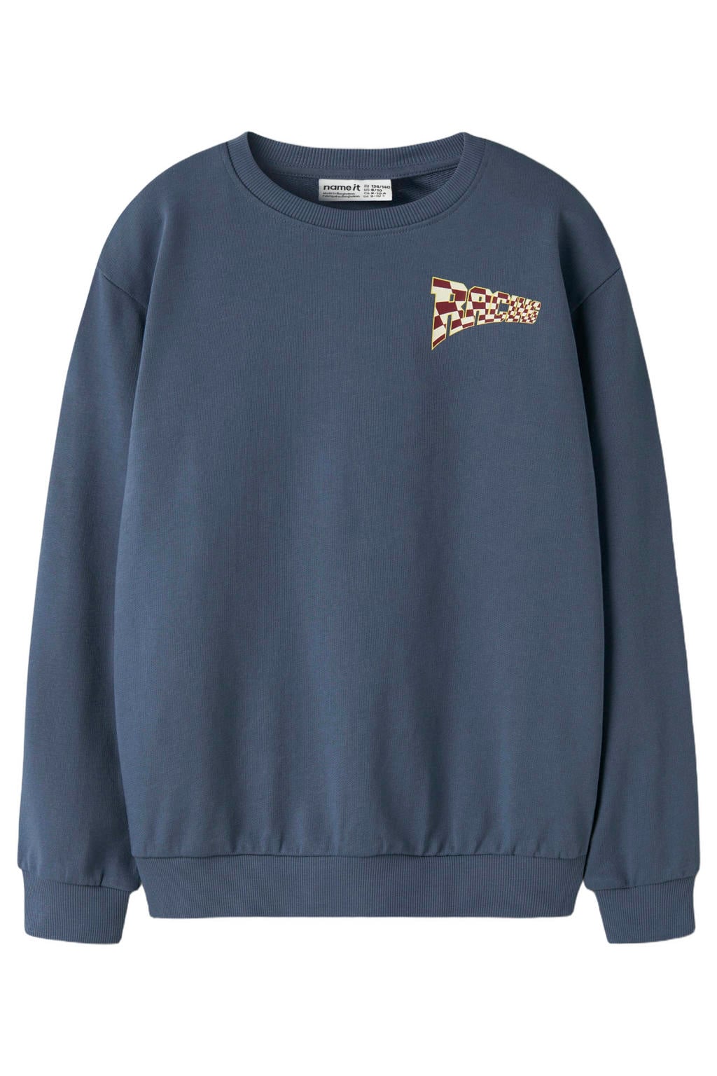 Blauwe jongens NAME IT KIDS sweater met backprint, lange mouwen, ronde hals en geribde boorden