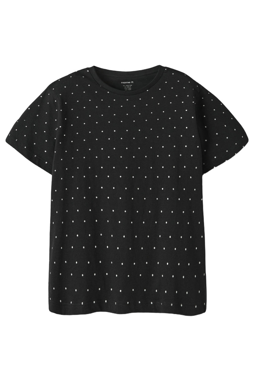 Zwart en witte meisjes NAME IT KIDS T-shirt van katoen met stippenprint, korte mouwen en ronde hals