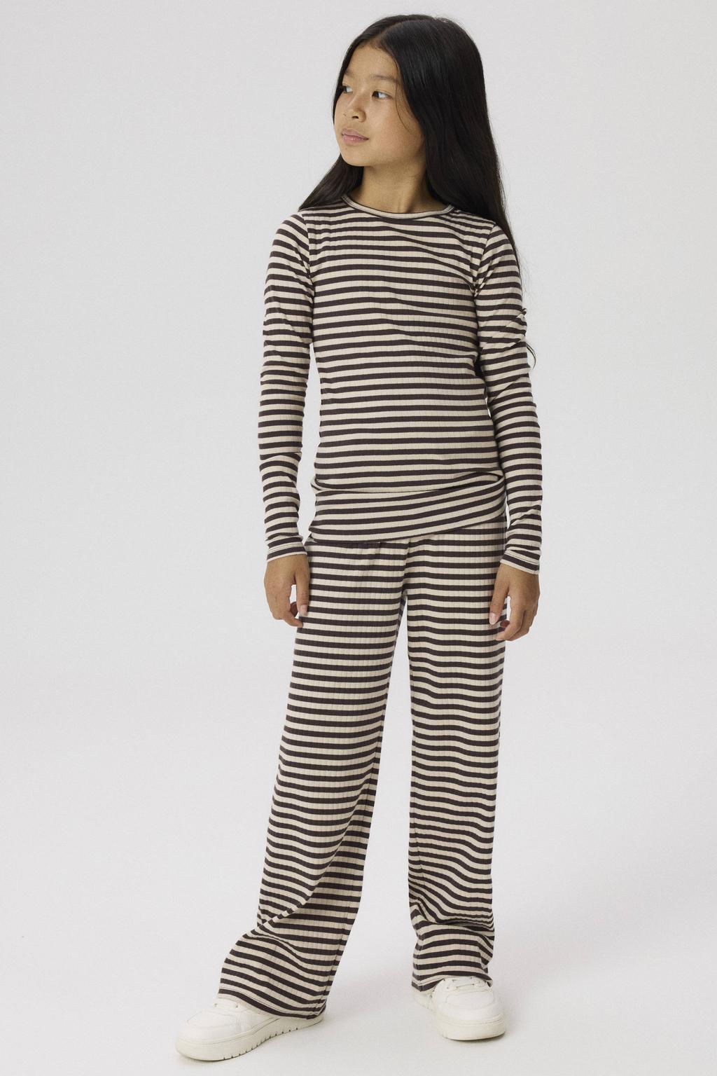 Donkerbruin, bruin en ecru meisjes NAME IT KIDS gestreepte longsleeve gebreid van stretchkatoen met lange mouwen en ronde hals