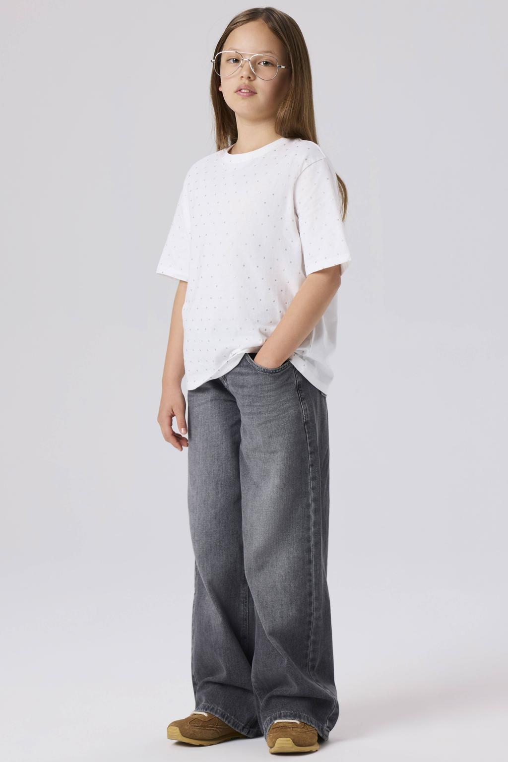 Grey denim meisjes NAME IT KIDS wide leg jeans van denim met rits- en knoopsluiting en effen