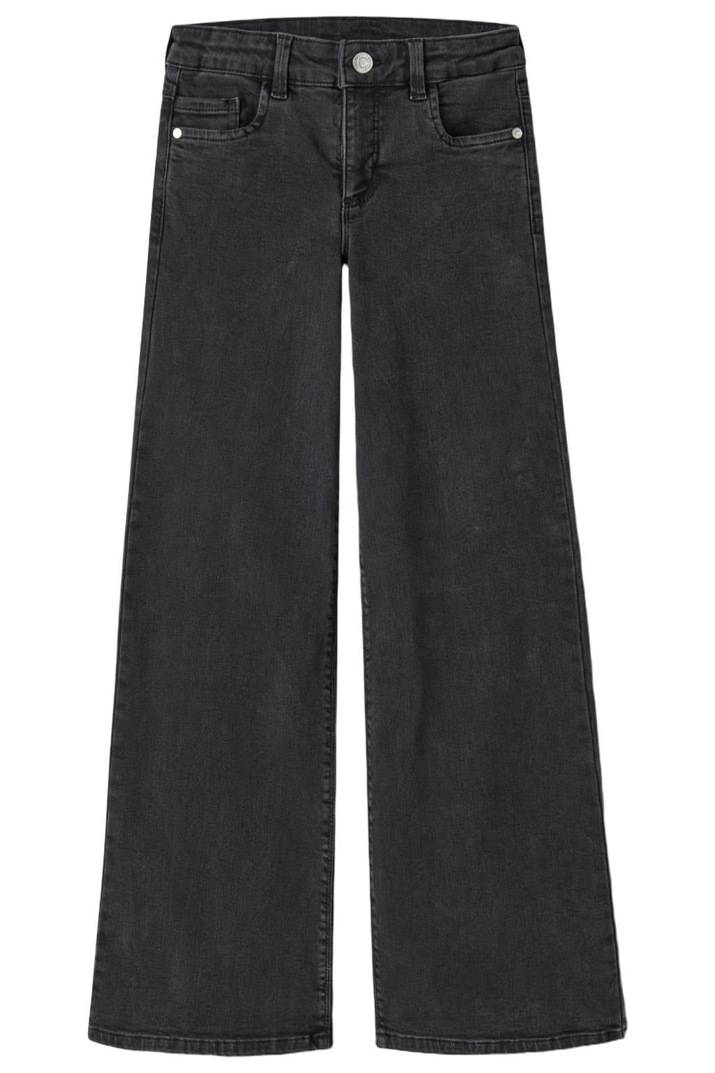 Black denim meisjes NAME IT KIDS wide leg jeans van denim met rits- en haaksluiting en effen