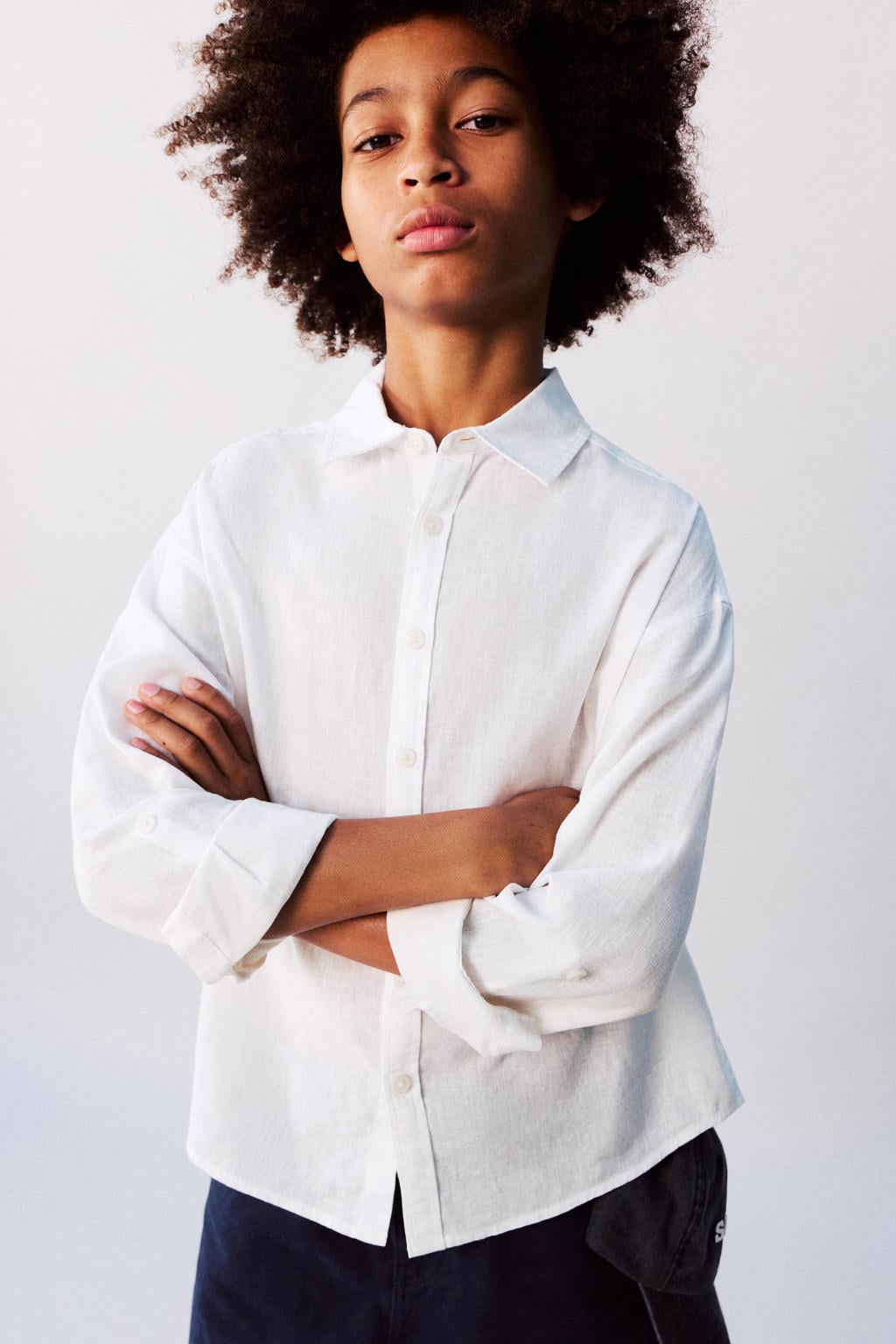 Witte jongens Mango Kids casual overhemd van linnen met effen, lange mouwen, klassieke kraag en knoopsluiting