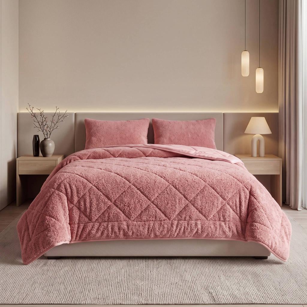 NOUS Living wasbaar dekbed velvet en teddy- Donkerroze
