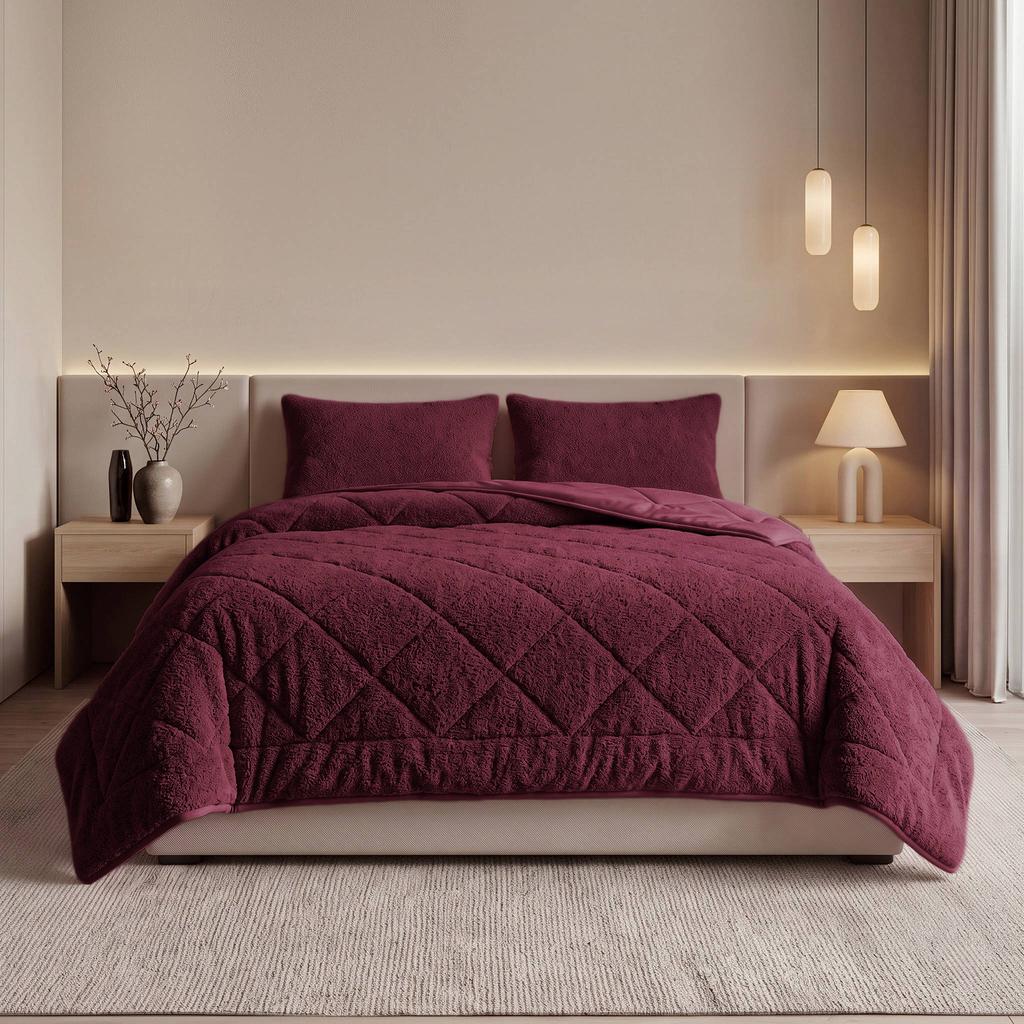 NOUS Living wasbaar dekbed velvet en teddy- Donkerrood