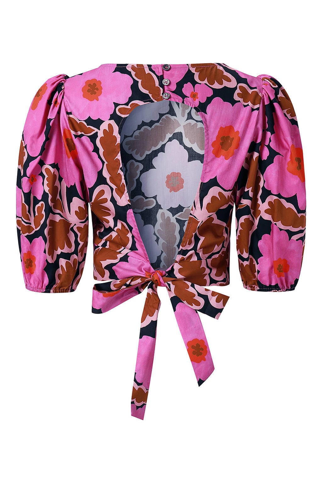 Roze dames FRNCH top met bloemenprint, korte mouwen, ronde hals en striksluiting
